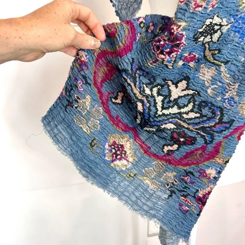 Wrap Scarf Womens One Size Blue Red Wool Blend Floral Print Crinkled Stretch